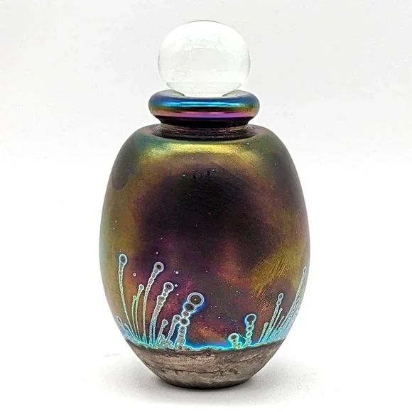 Robert Eickholt Signed Iridescent Art Glass Perfume Bottle Purples Blues 1990 - Picture 9 of 12